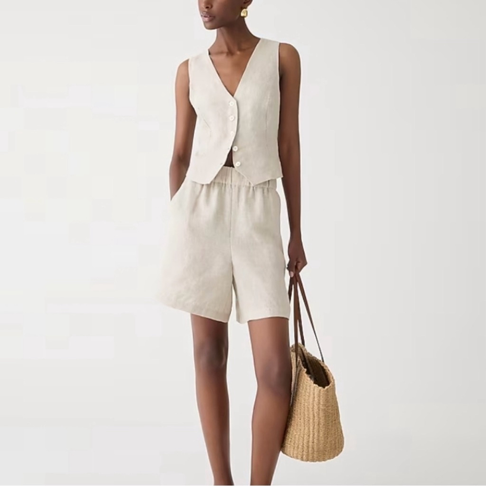 NWT J.Crew Long Tropez Linen Shorts Size M Beige Natural High Rise